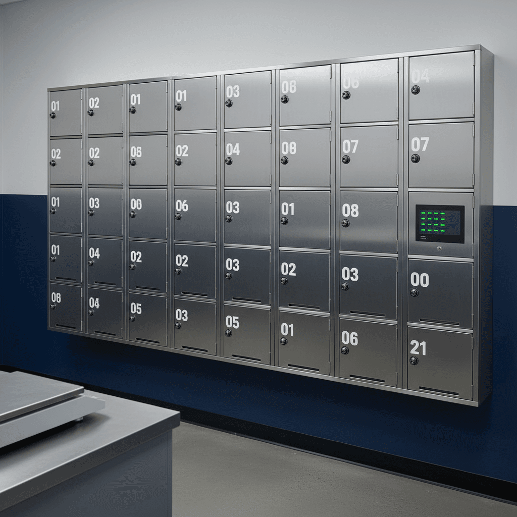 Temporary evidence holding lockers at a police intake area